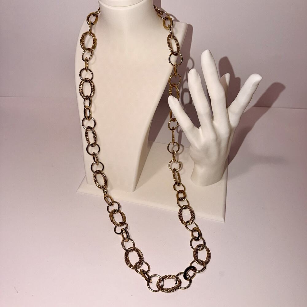 Monet Long Gold Tone Toggle Textured Chain Oval Round Link Necklace 34"